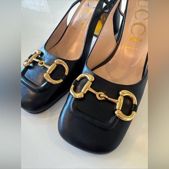 GUCCI Baby Horsebit Slingback Leather Pump Black Gold EU 40.5 US 10.5 Authentic - Picture 4 of 11